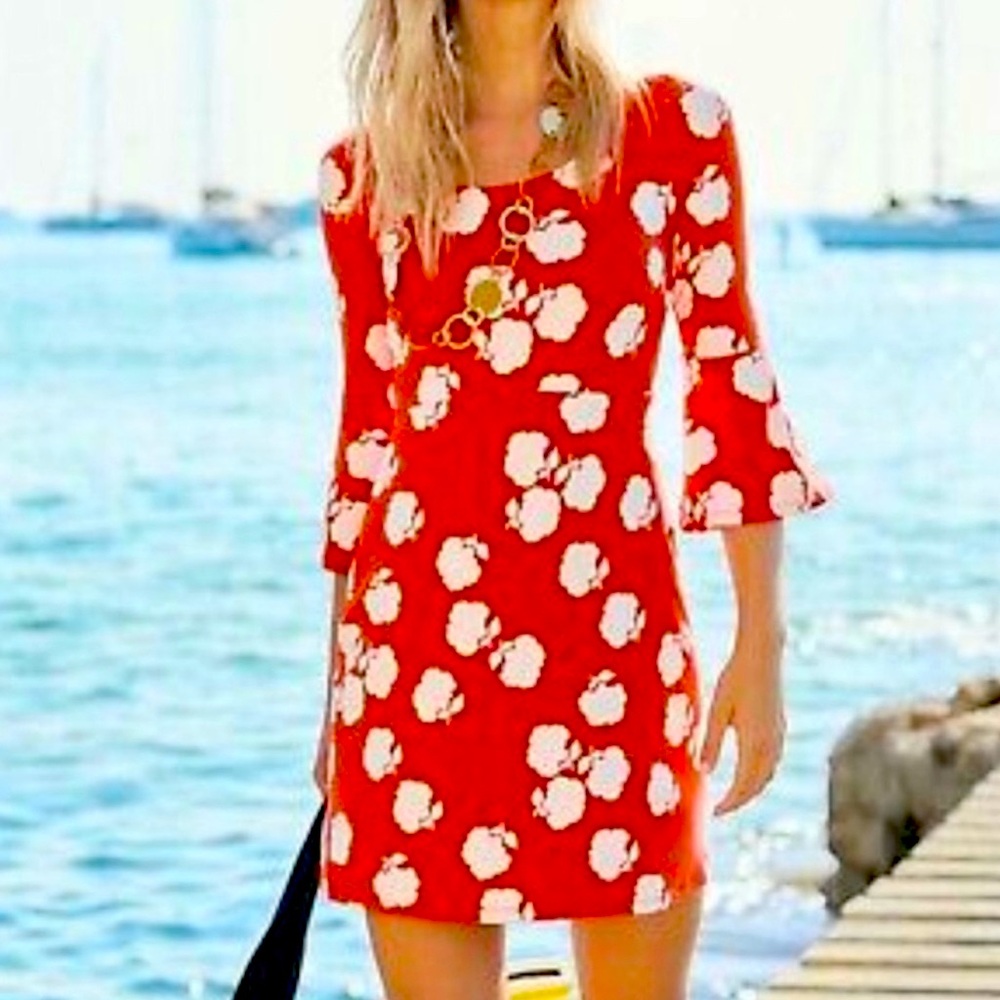 BODEN Miriam Dress: Floral Jersey in Coral & White. Mini/Midi, Bell Sleeves